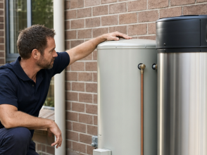 Licensed plumber comparing two different residential hot water systems side by side against a brick wall in Melbourne