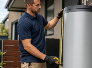 Licensed plumber measuring a residential hot water storage tank to check its size in a Melbourne backyard