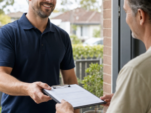 Licensed Melbourne plumber handing a written quote on a clipboard to a homeowner at their front door