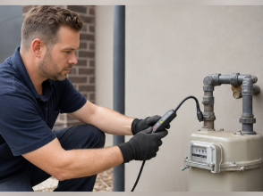Licensed gas plumber using a gas leak detection tool at a residential gas meter in Melbourne