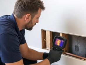 Plumber using a thermal imaging camera to detect a hidden water leak behind a Melbourne home wall cavity